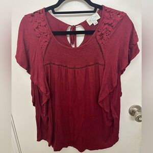 Francesca’s Red Lacey Flutter Sleeve Top, Size L